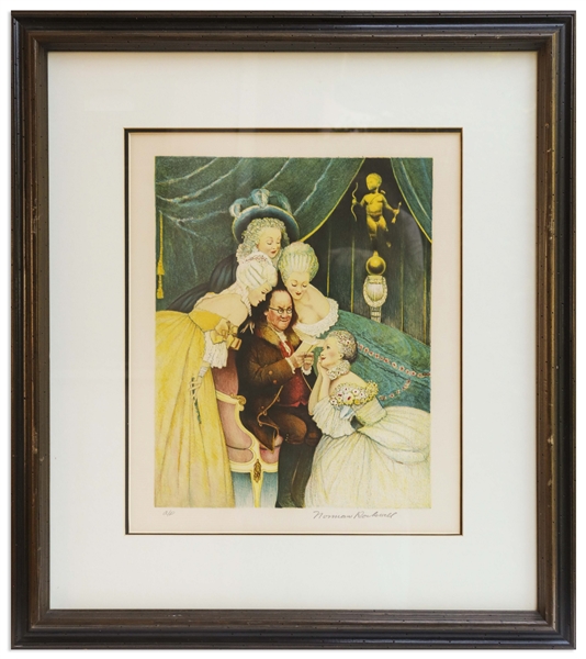 Norman Rockwell Signed Artist Proof Lithograph for ''Ben's Belles'' -- Fun Illustration Portrays Benjamin Franklin as the Ladies' Man of Parisian Intelligentsia